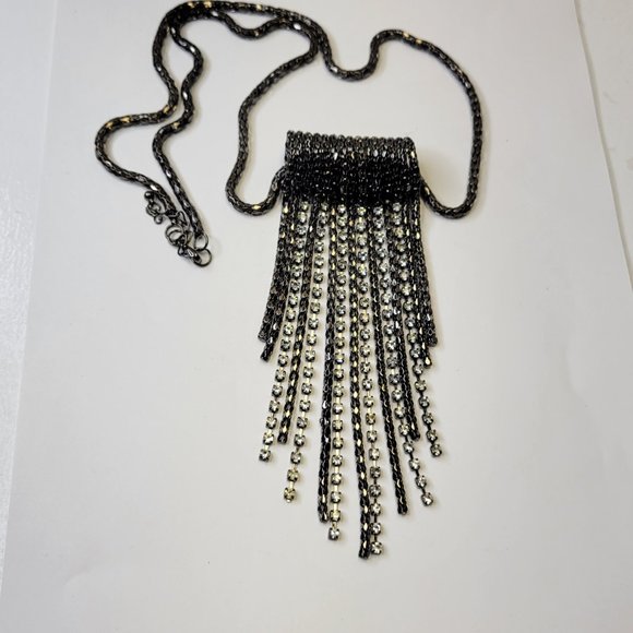 Gunmetal Tone Long Necklace with Crystals Tassels - Picture 2 of 15